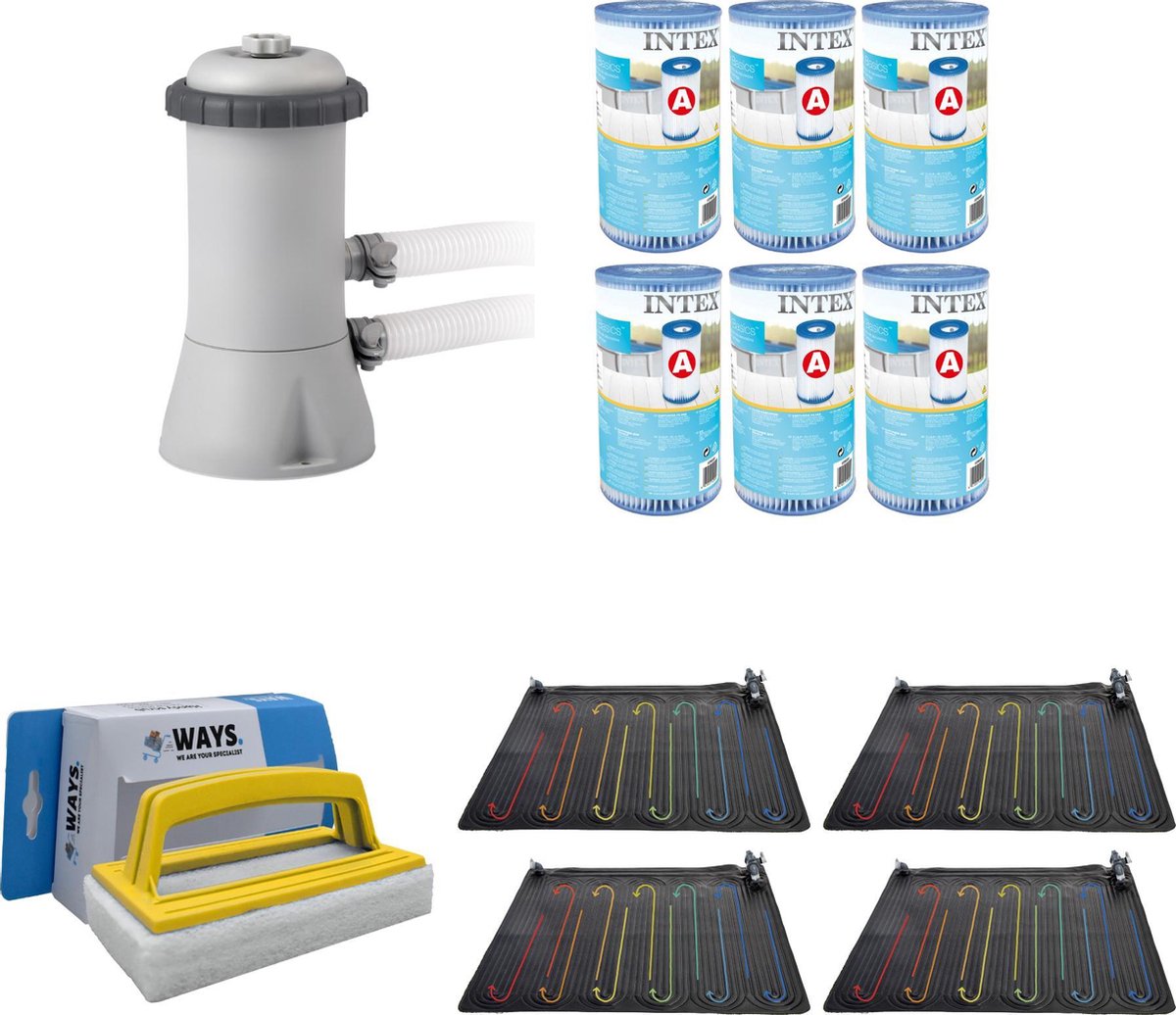 WAYS - Zwembad Onderhoud - Zwembad Verwarming 4 stuks & Intex Filterpomp 28604GS & 6 Intex Filters Type A & WAYS Handy Scrubborstel