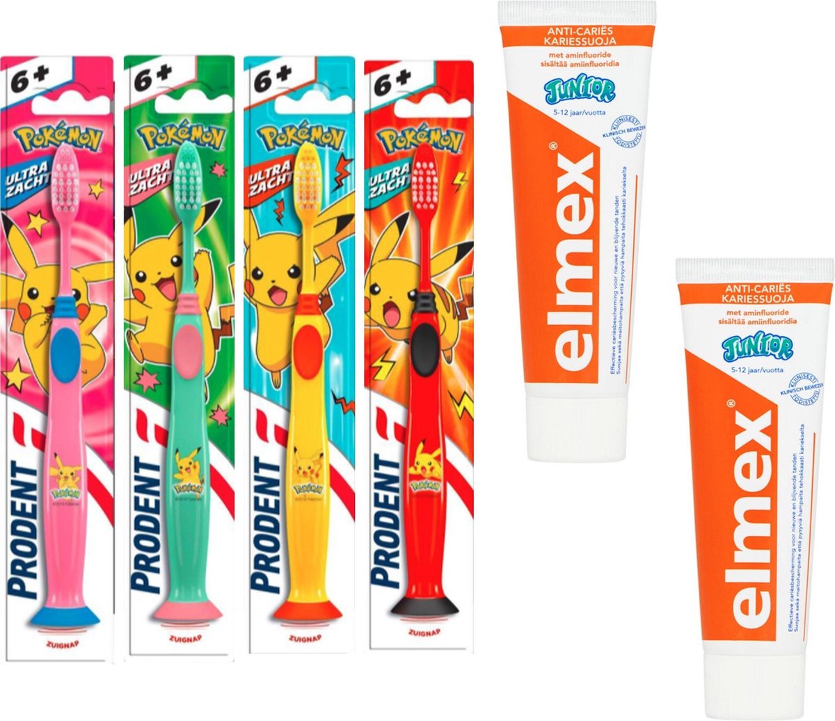 4 x Prodent Pokemon tandenborstels met 2 Elmex Tandpasta – Junior 5 -12 jaar
