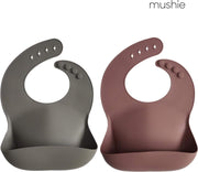 Mushie siliconen slab | dove grey + Woodchuck | bibs | met opvangbakje | slabbetje
