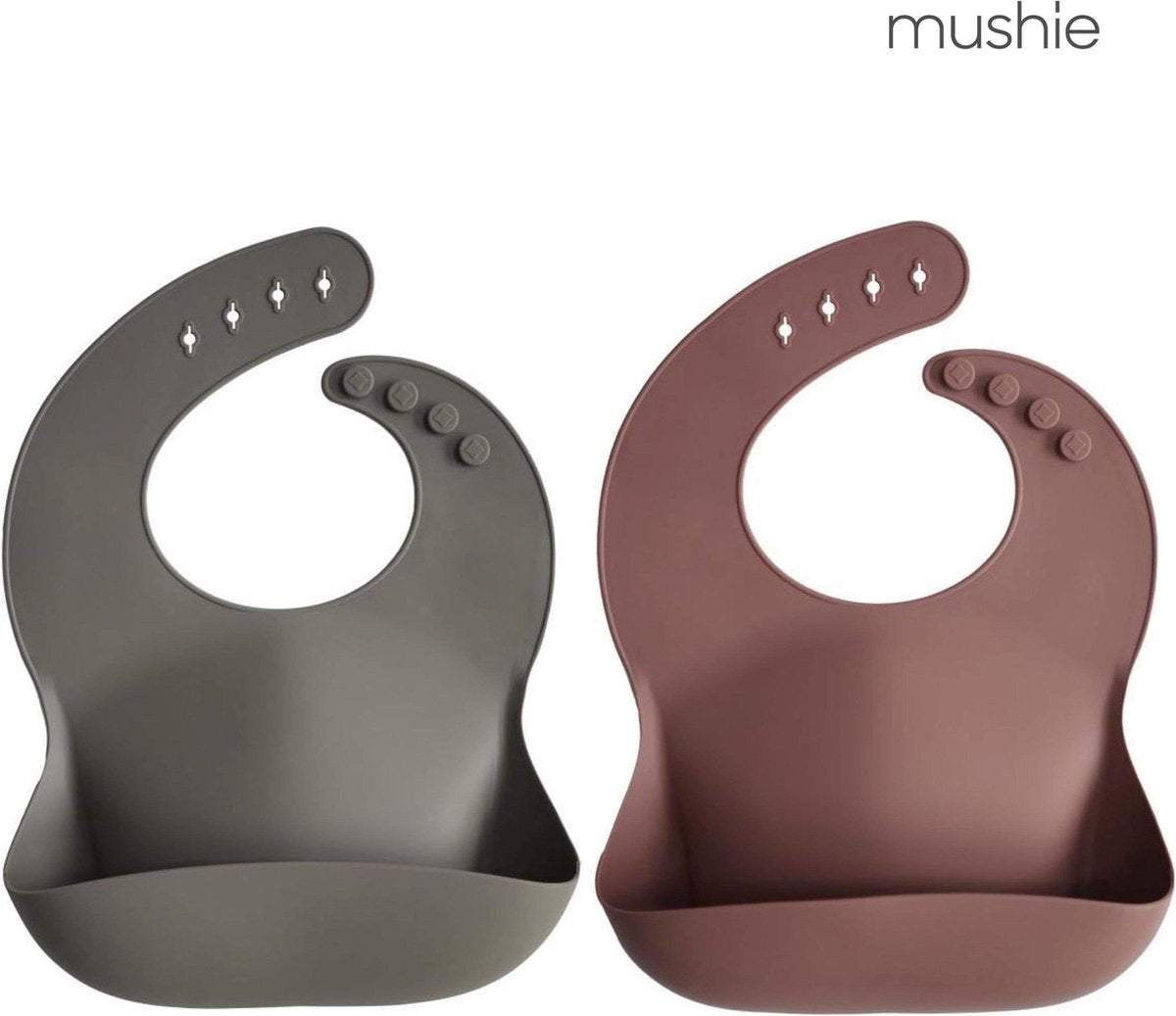 Mushie siliconen slab | dove grey + Woodchuck | bibs | met opvangbakje | slabbetje