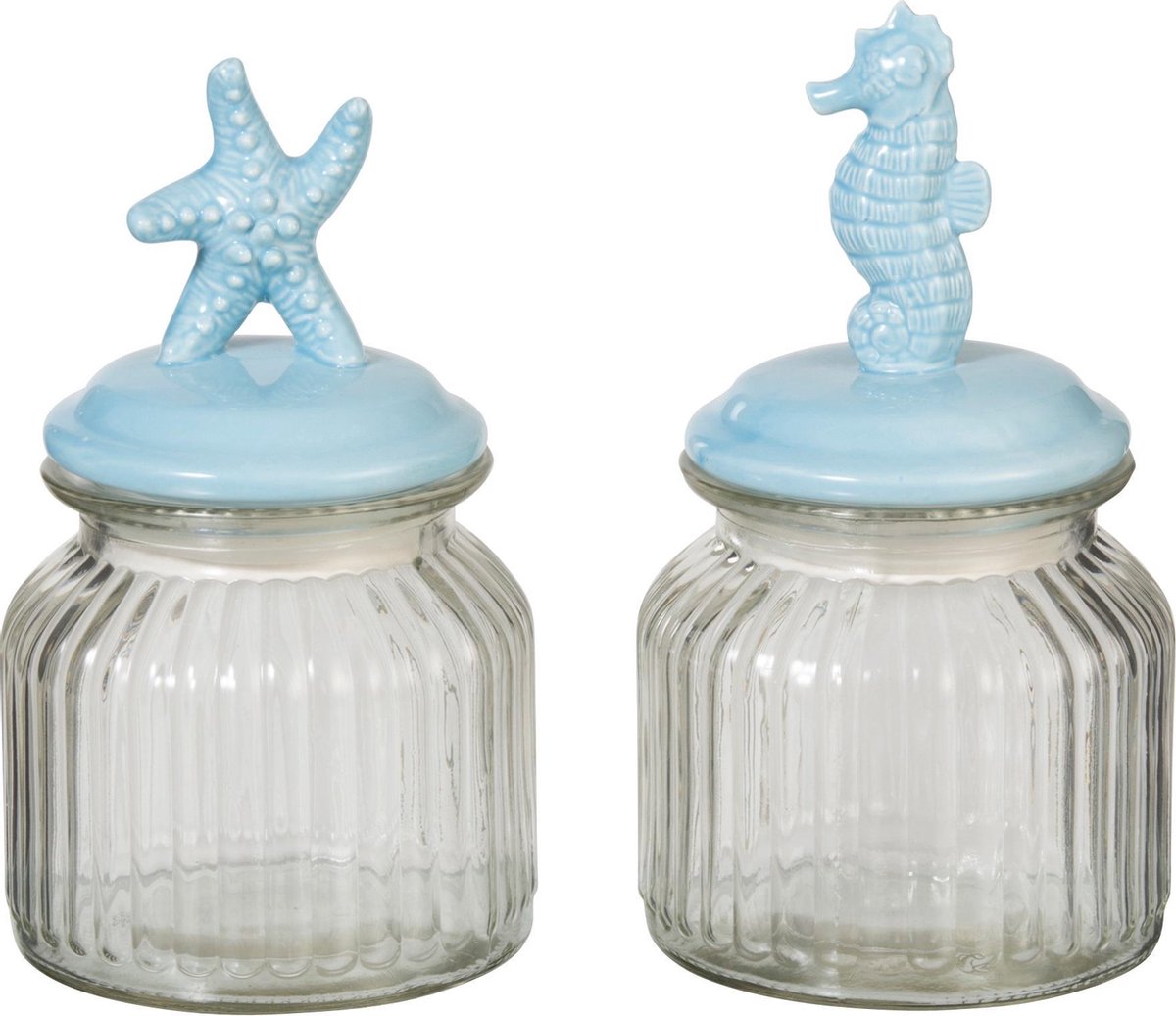 J-Line Pot Met Deksel Zee Glas/Porselein Blauw Assortiment Van 2