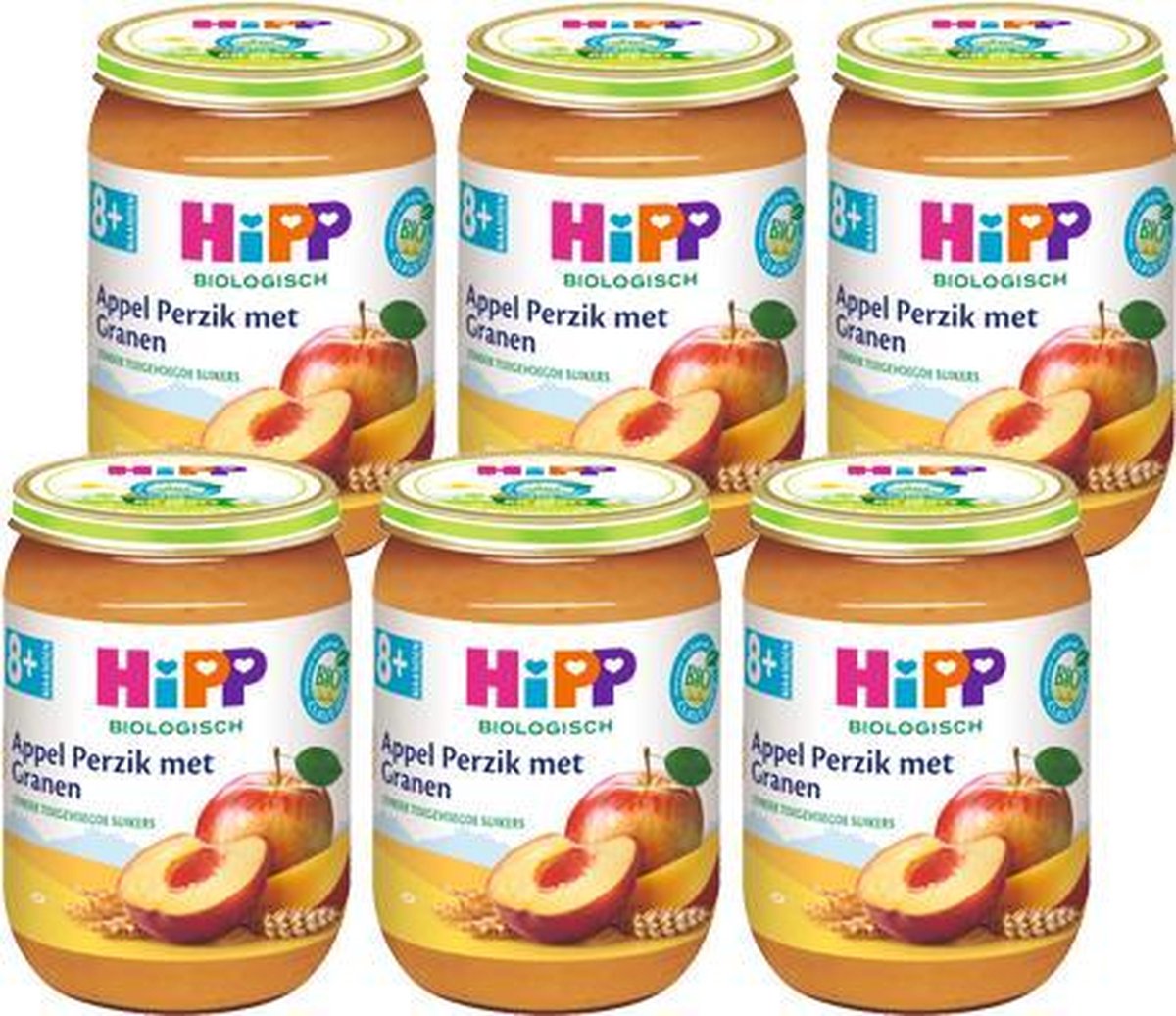 HiPP BIO fruithapje vanaf 8 maanden - Vruchtenmix Appel Perzik met Granen - 6 stuks 190gr