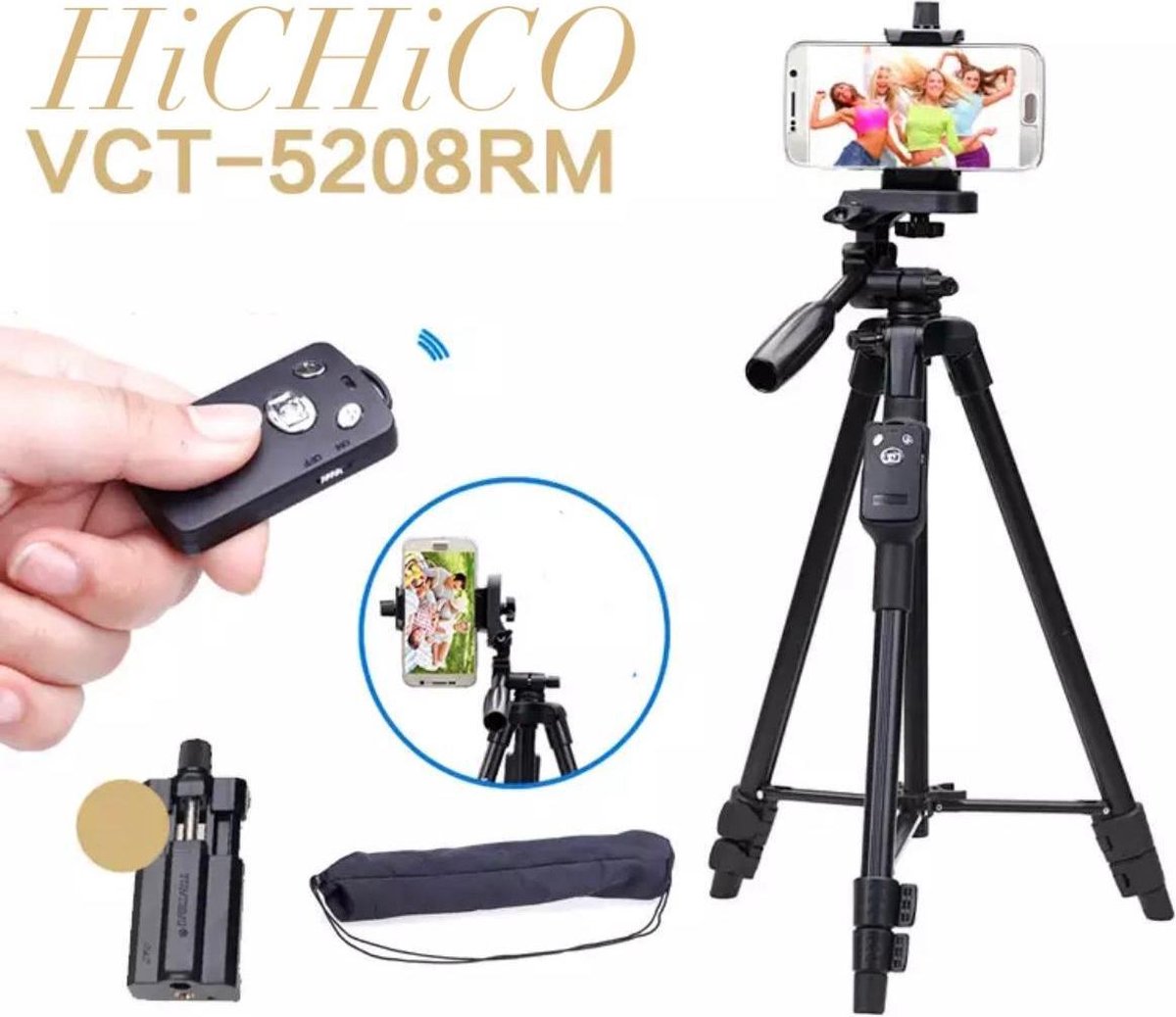 Professioneel Universeel Camerastatief / Tripod / Smartphone Statief Voor Fotocamera en Smartphone - iPhone - Canon – Nikon - Spiegelreflexcamera Inclusief Bluetooth Remote Shutter en Telefoonhouder Model HiCHiCO VCT- 5208