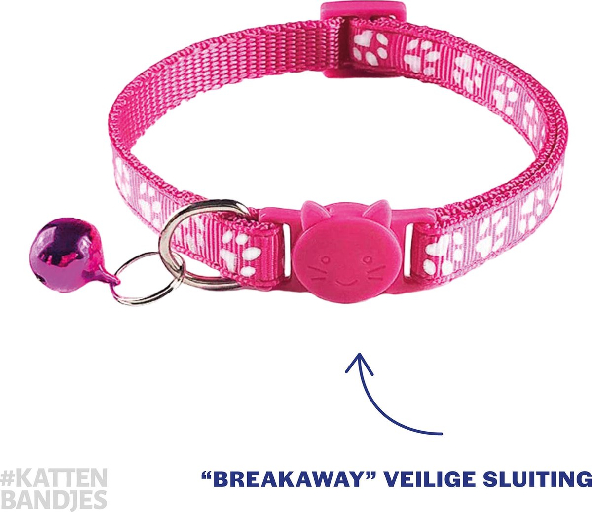 Kattenhalsband | Halsband voor Kat met belletje | Kattenhalsbandje met veiligheidssluiting en belletje pootjes print roze