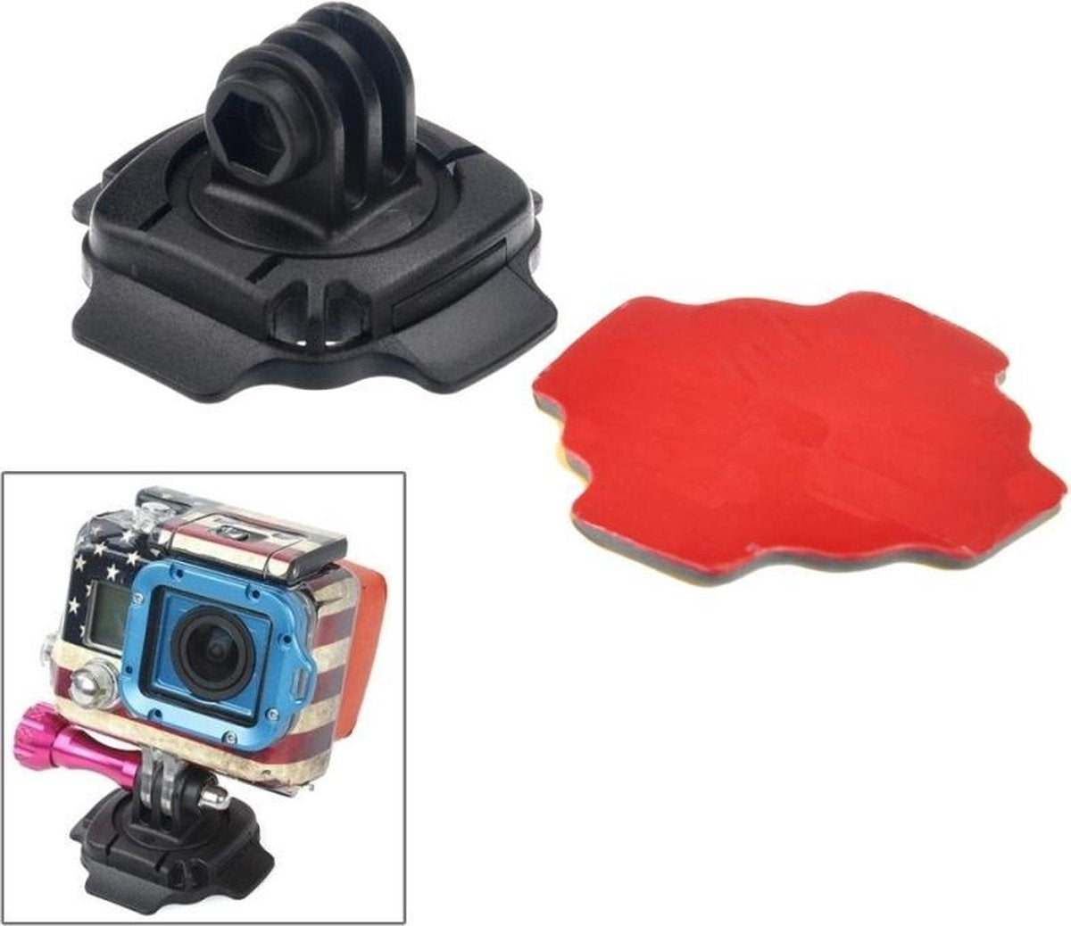 360° Mount Rotatie Handige Bevestiging + Sticker voor GoPro en andere Actiecamera's| Zwart / Black