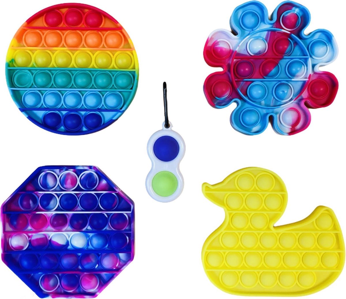 fidget toys van 5 stuks fidget toys pakket onder de 15 euro verschillende vormen type D waarin 1x pop it regenboog 1 x sterren regenboog  -  en de rest pop it - fidget toys tiktok Instagram facebook
