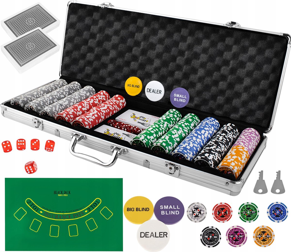 XL Deluxe Pokerset In Aluminium Koffer - Casino Omaha / Texas Hold Em Pro Poker & Blackjack Set Met 500 Chips & Poker Kaarten Playing Cards - Inclusief Speelkleed & Dobbelstenen Dice - Pokerkoffer