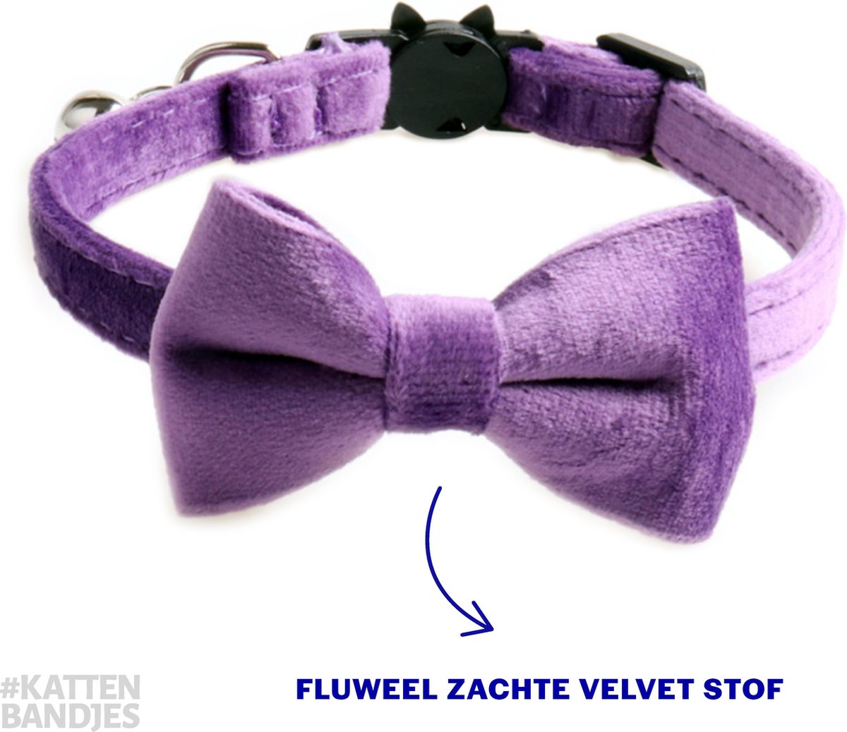 Kattenhalsband velvet met strik | Halsband kat | Kattenband Velours | Kattenbandje velvet met strik veiligheidssluiting en belletje in paars