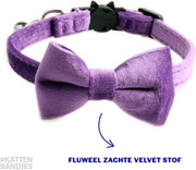 Kattenhalsband velvet met strik | Halsband kat | Kattenband Velours | Kattenbandje velvet met strik veiligheidssluiting en belletje in paars