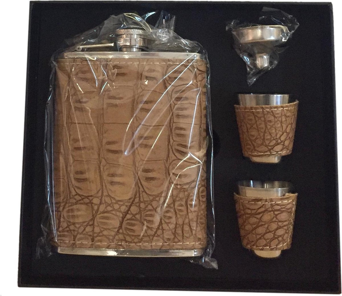 Platvink Leer Heupfles Cadeau Set Met Bekertjes Trechter Zakflacon Zakfles Drank Verjaardag Mancave Carnaval
