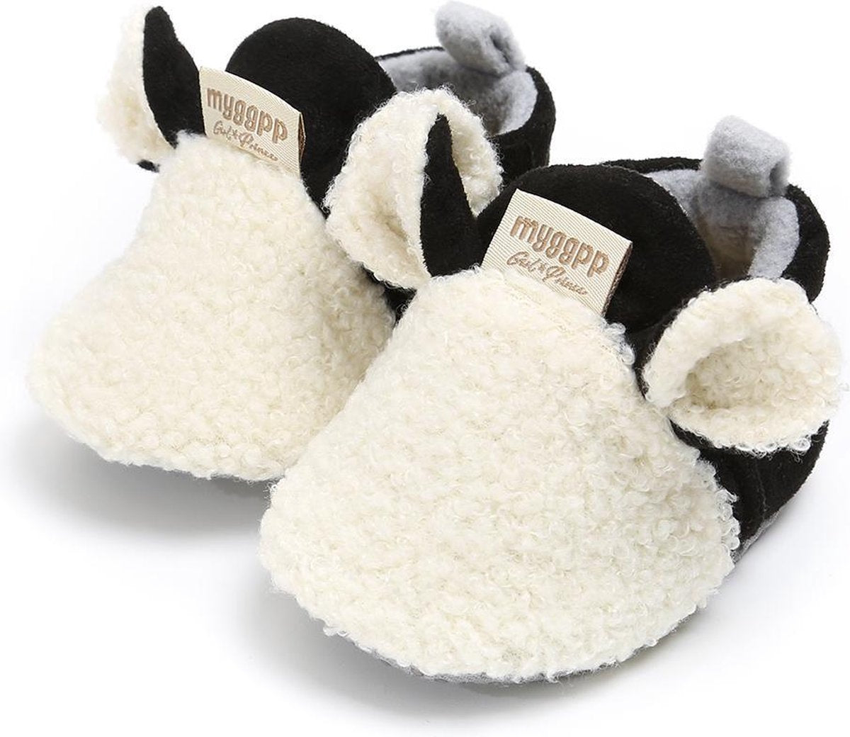 Schattige en warme Myggpp baby slofjes met anti slip zool zwart/wit 6-12 mnd/12 cm