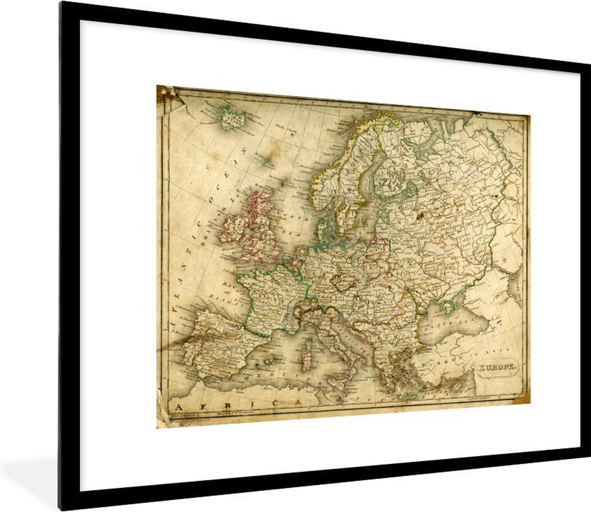 Poster met lijst De wereld van toen in kaart - Groezelige wereldkaart van Europa - fotolijst zwart - 80x60 cm - Poster met lijst