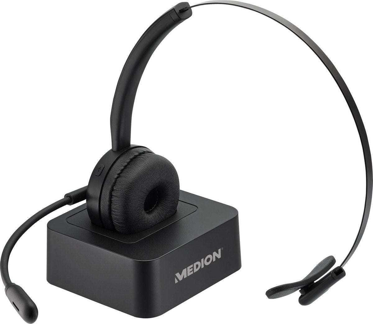 MEDION LIFE E83279 Koptelefoon | Flexibele microfoon | Ingebouwde batterij met lange looptijd | Laadstation | Aanpasbare handgreep | Zachte oorkussens | Plug & Play