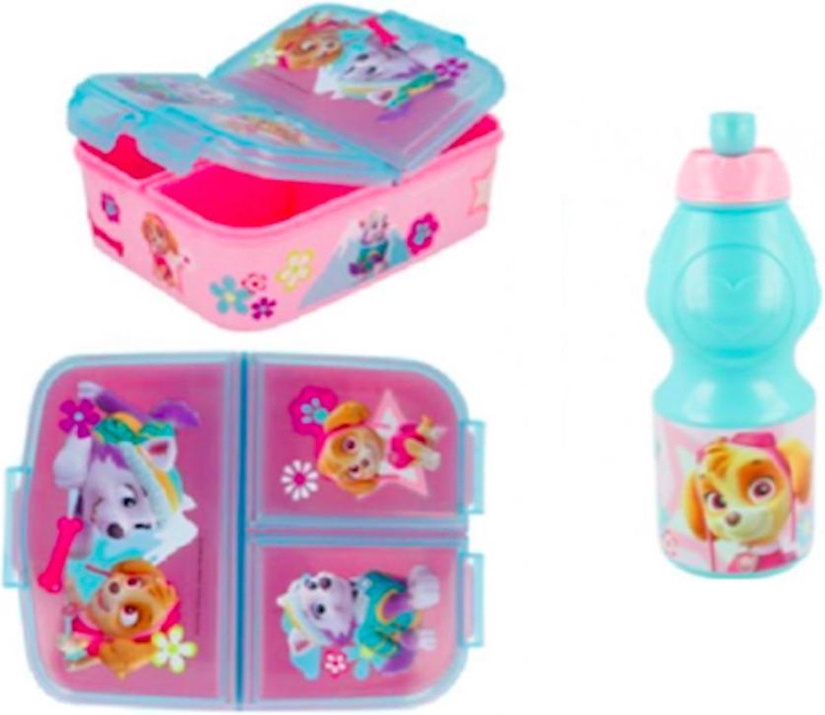 Paw Patrol Skye 3 compartimenten brooddoos (18 cm - 13 cm - 6 cm) + Drinkfles (18 cm hoog - 400 ml)