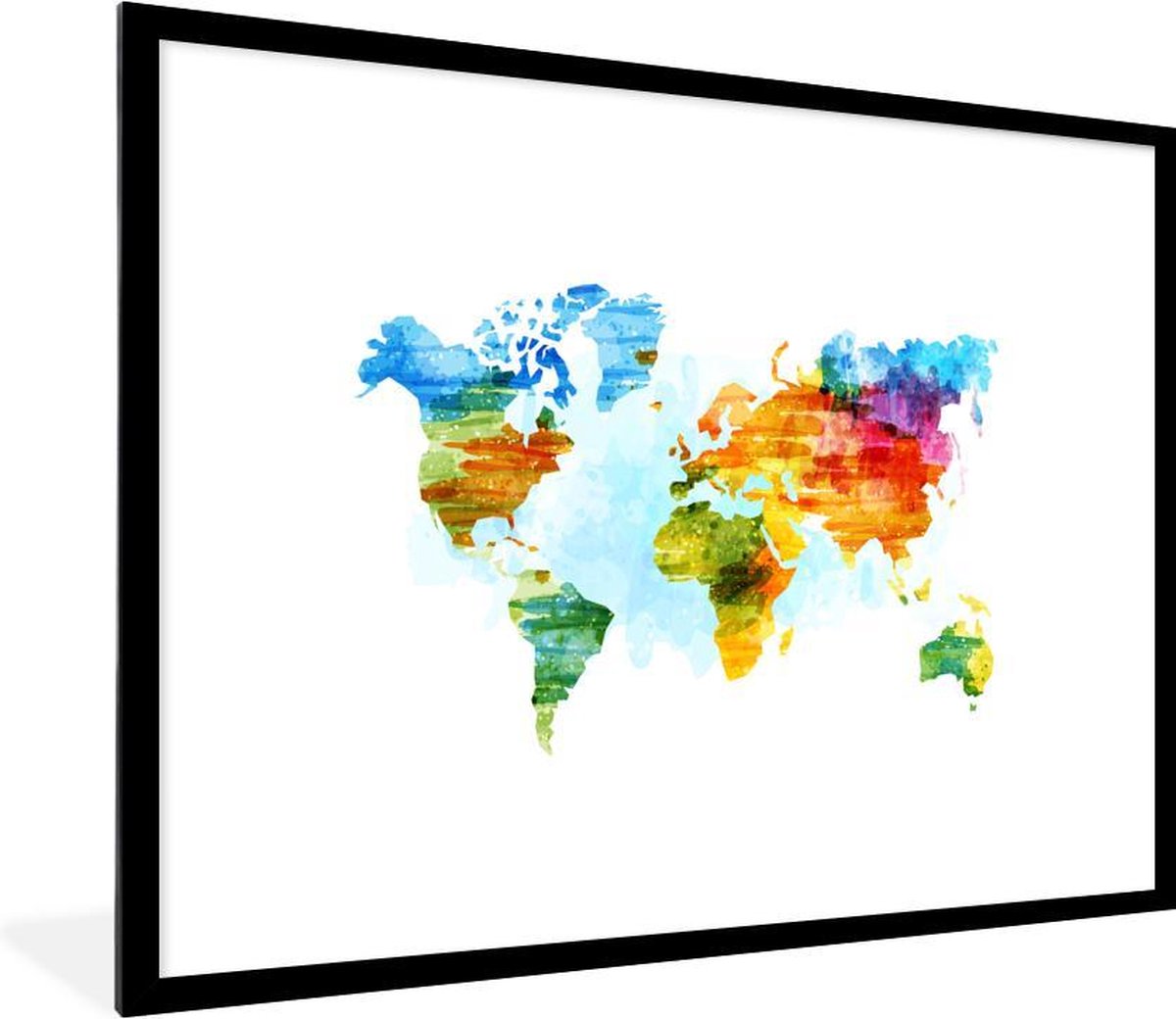 Poster met lijst Wereldkaart - Waterverf - Kleuren - 80x60 cm