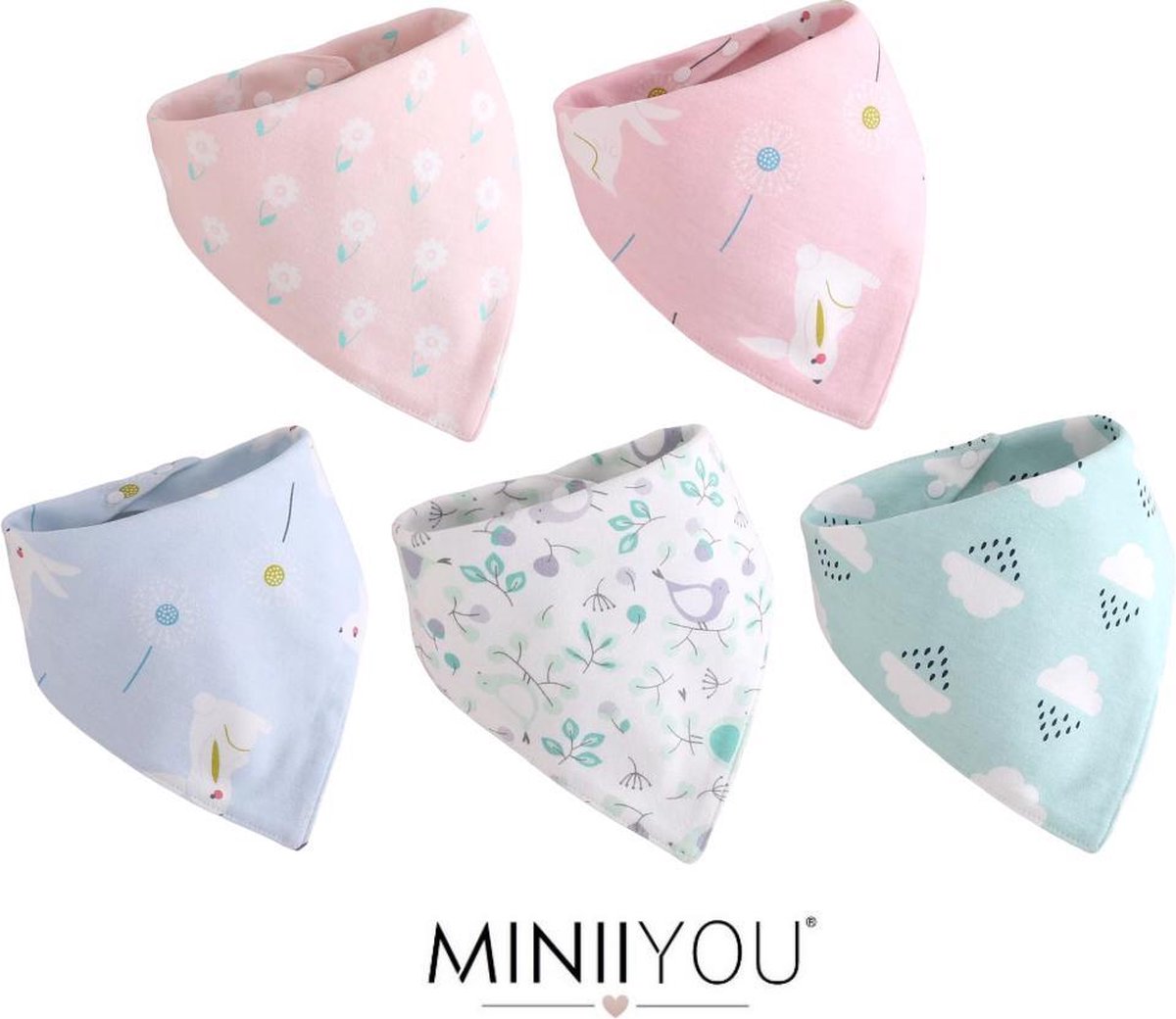 MINIIYOU® Set van 5 stuks | Bandana kwijl Slabbetjes meisjes roze - blauw konijn | 2-laags katoen | Slabbetjes pack | Baby en peuter slab | puntslab | Puntsjaaltjes | Slabber Verstelbaar in 2 maten |100% katoen | Groot formaat