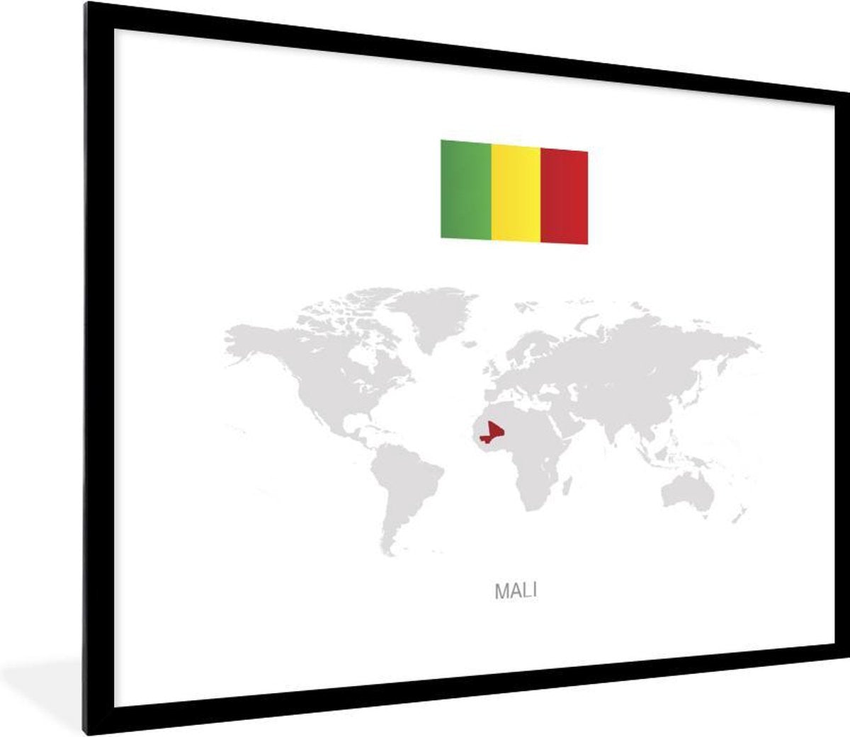 Poster met lijst Mali illustratie - Illustratie van Mali op de wereldkaart - fotolijst zwart - 80x60 cm - Poster met lijst