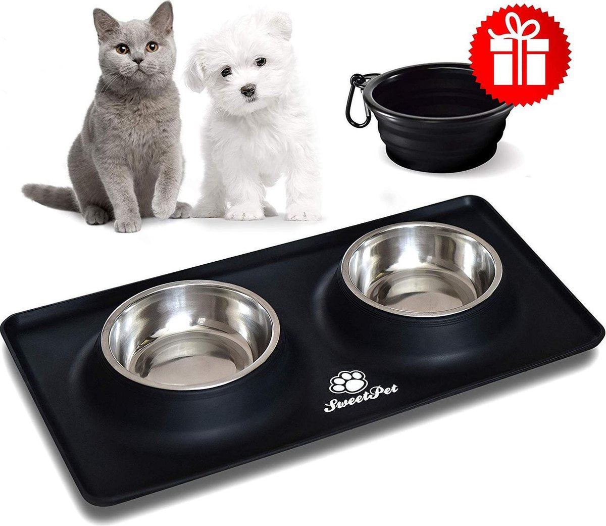 TZ®  Voerbak hond met 2 kommen | incl. mat en brokjes schep | Eetbak huisdieren 2x350ml van hoogwaardig RVS staal | Siliconen mat van diervriendelijk materiaal als bescherming voor uw keuken