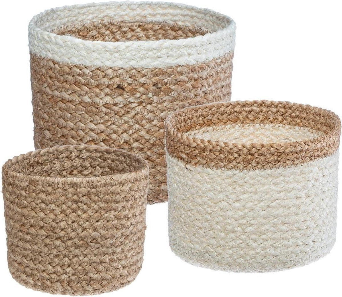 Atmosphera Jute mandenset - bloempot - Wit en naturel - Set van 3 - Opberger - Zeegras