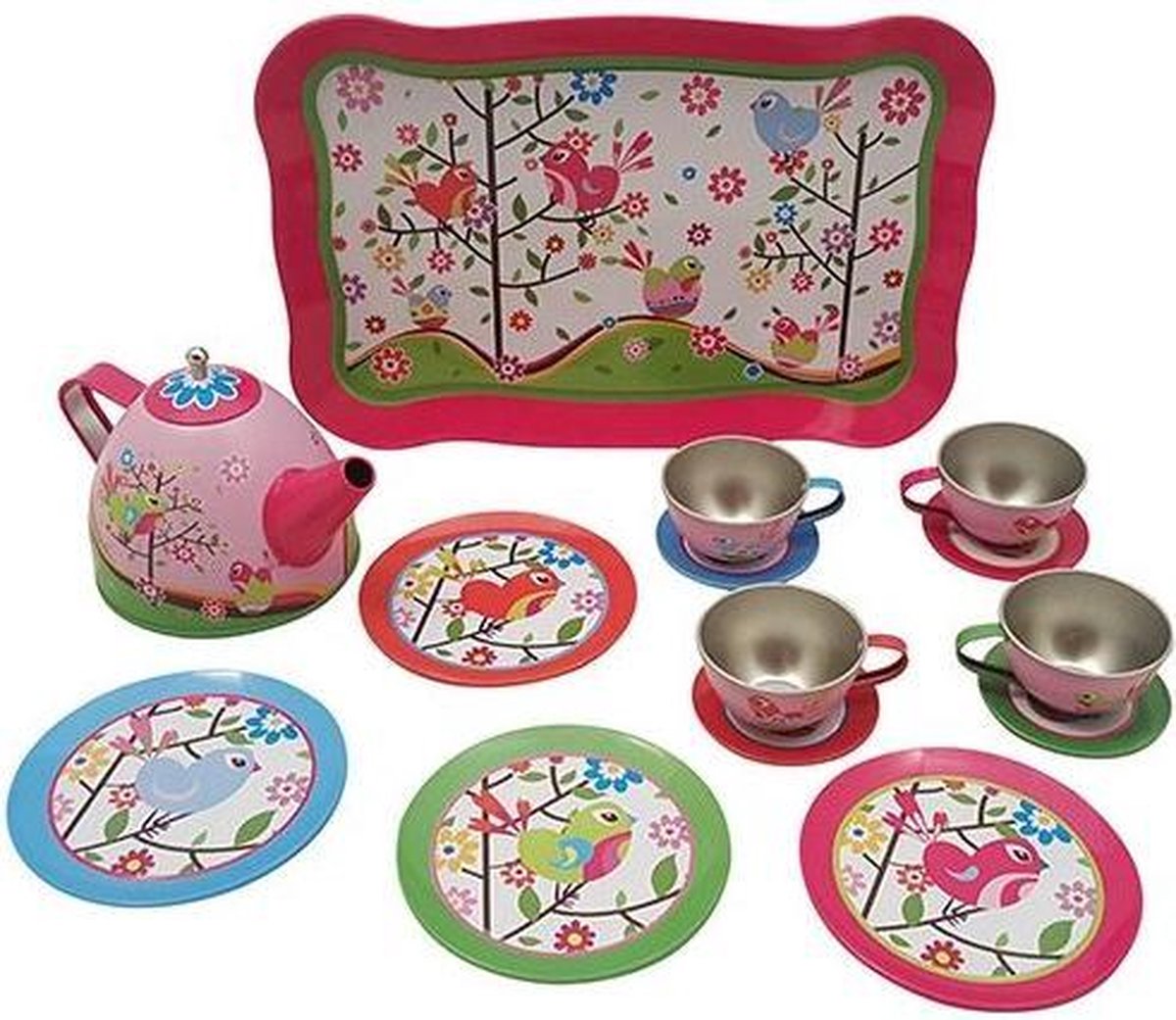 Tinnen kinderservies Vogeltjes roze