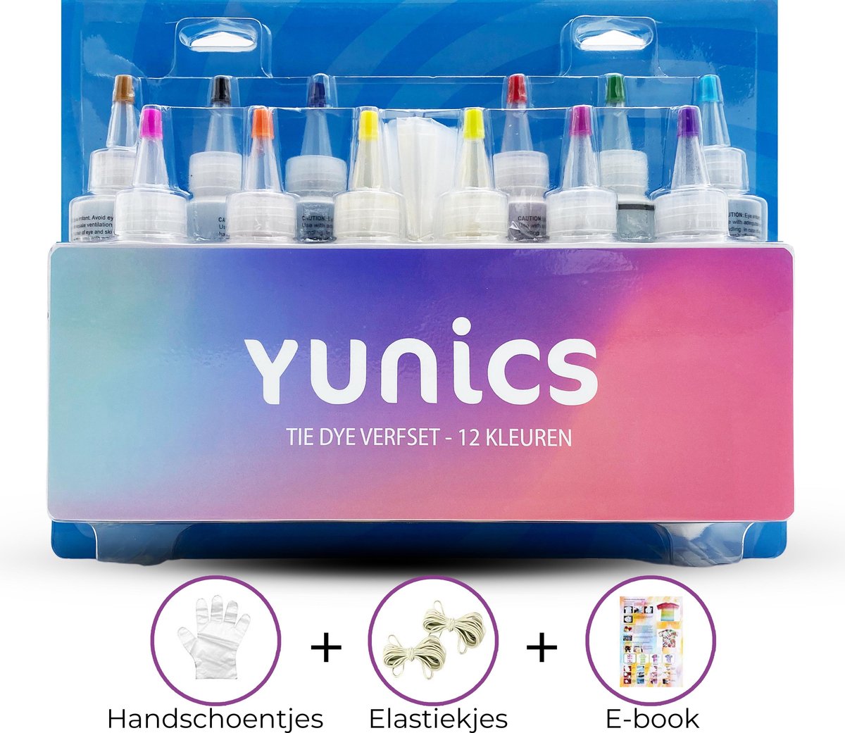 YUNICS® Tie Dye Kit - L - 12 kleuren - 120ML - Tie Dye Set - Tie Dye Verf - Textielverf - Complete Set - Inclusief Elastieken & Handschoenen - Inclusief Nederlandstalige Handleiding -