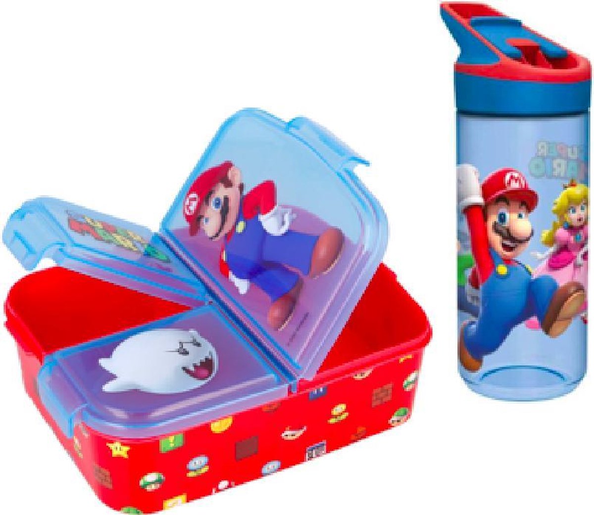 Mario - 3 compartiment brooddoos (18 cm X 13 cm X 6 cm) + grote drinkfles - drinkbeker - 620 ml - 22 cm hoog