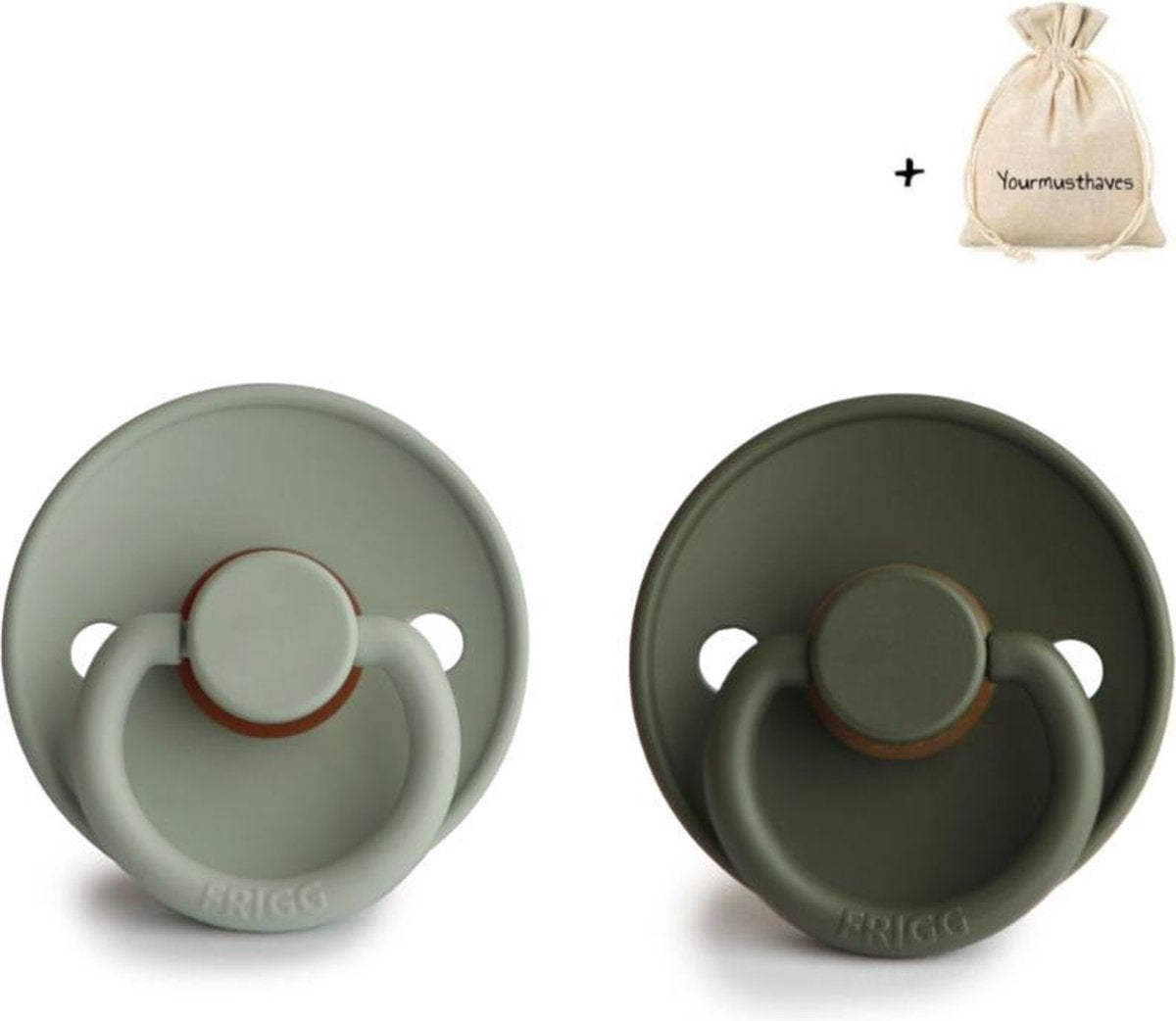 FRIGG | Fopspeen Duo | T1 | 0-6 maanden | Classic | Natuurrubber | Olive + Sage| Met YOURMUSTHAVES speenzakje