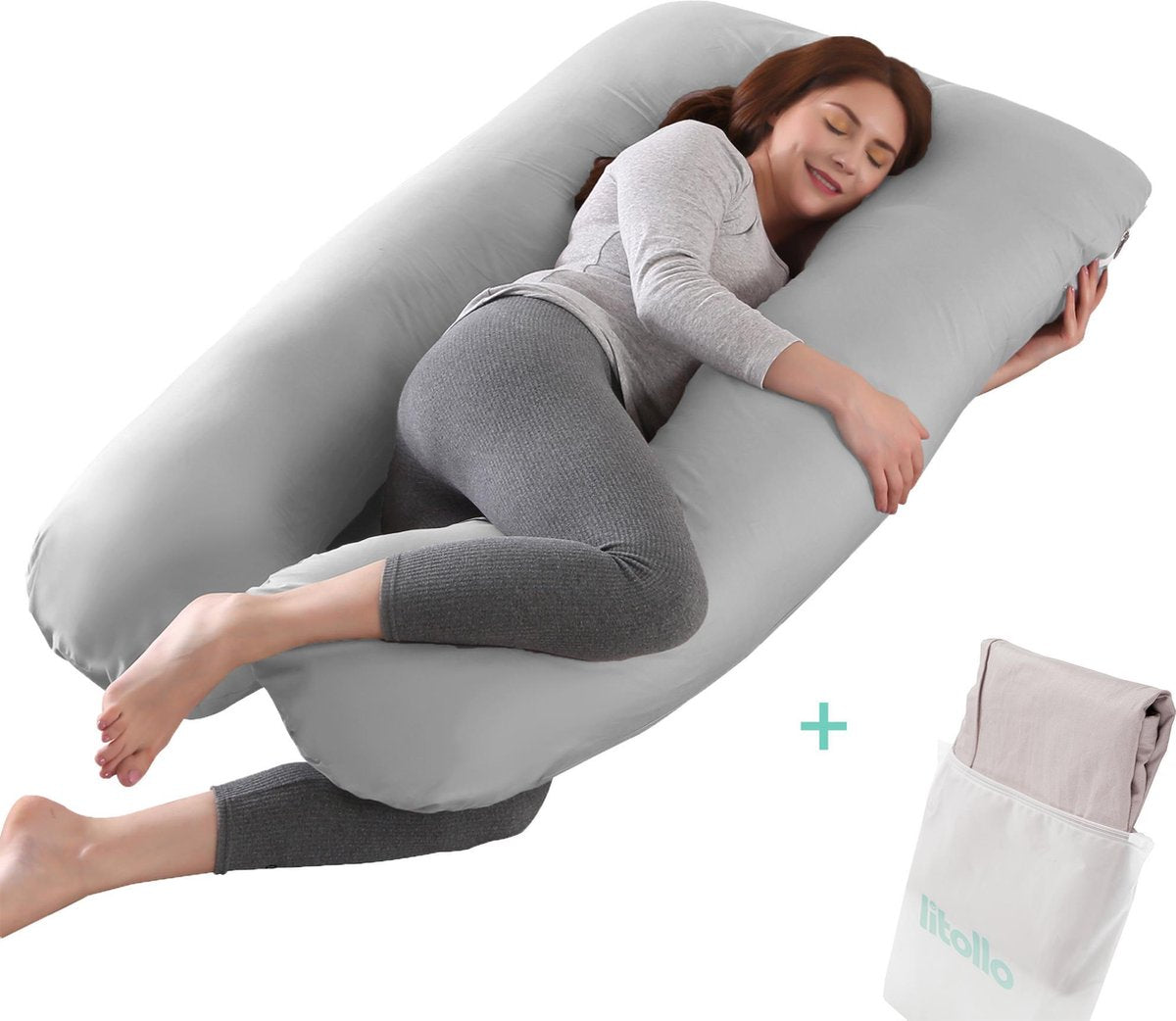 Litollo® Zwangerschapskussen XXL - Voedingskussen - Lichaamskussen - Body pillow - 280cm - Grijs - Met gratis extra afneembare hoes (t.w.v. €29