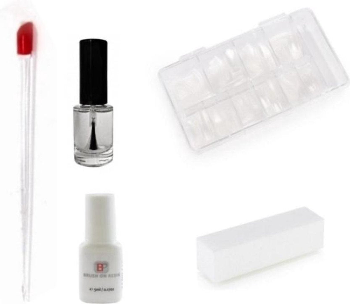 5 delige set - clear- nageltips- 100 stuks- bokkenpootje- nagellijm - lijm- bufferblok - witte - polijst- blok - polijstblok -cuticle pucher- shellac - acryl - gel - nagels - nagel - nails- verzorging - nagelriemen - Nepnagel - kunstnagels