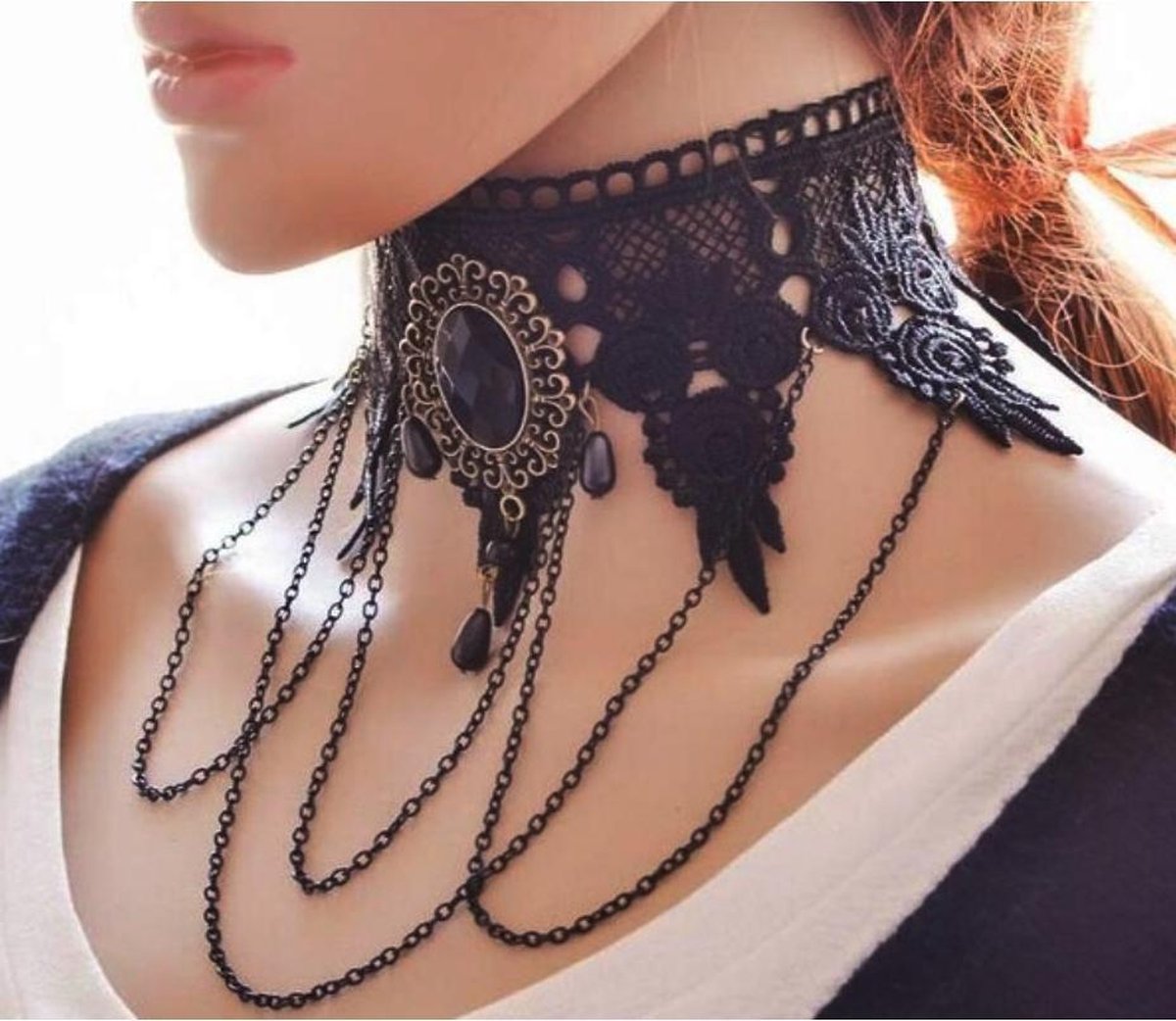 Choker zwart kant breed met kraaltjes en kettinkjes - collar ketting victoriaans sexy zwarte 5