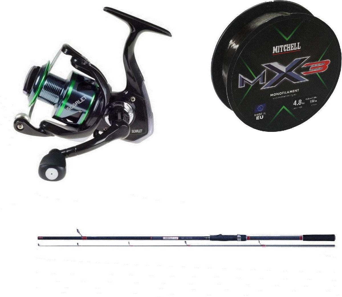 Spinhengel Set Robinson 2.10m inclusief nylon - Carbonic Spinhengel - Scarlet Werpmolen - 0.25mm Mitchell Nylon