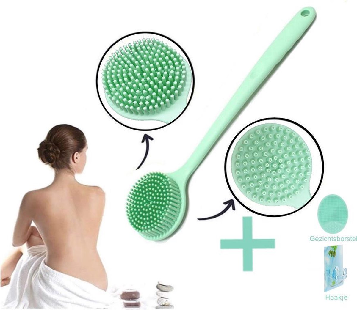Blubs® – Badborstel – Dry brush – Rug Scrubber – Lichaamsborstel – Rugborstel douche met steel – Huidborstel – Rugborstel kunststof – Badborstel met steel – Doucheborstel met steel – Siliconen borstel – Droogborstel – Massage – Lichtgroen