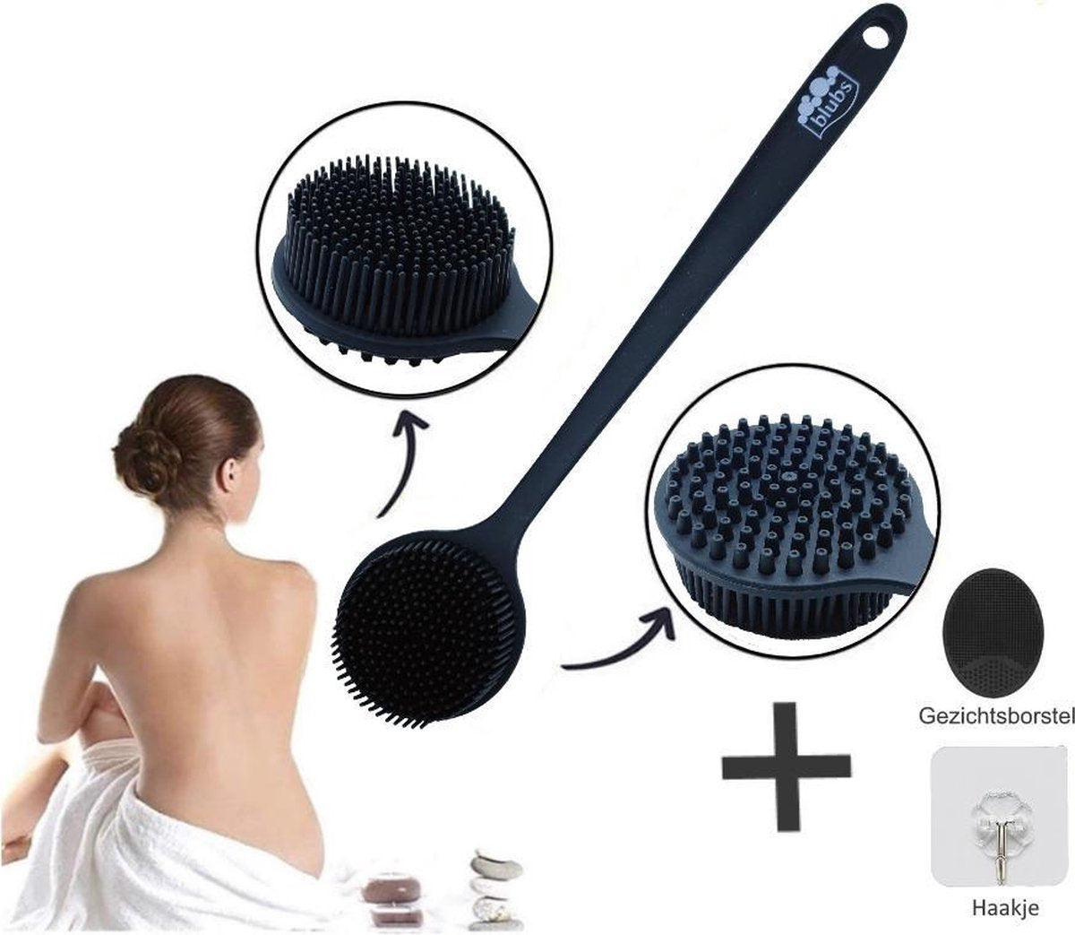 Blubs® – Badborstel – Dry brush – Rug Scrubber – Lichaamsborstel – Rugborstel douche met steel – Huidborstel – Rugborstel kunststof – Badborstel met steel – Doucheborstel met steel – Siliconen borstel – Droogborstel – Massage – Zwart