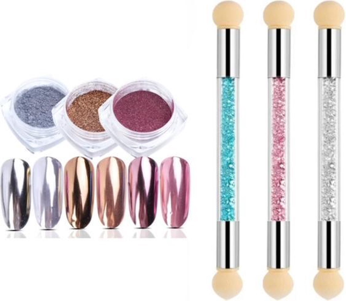 GUAPÀ - Nail Art Penselen Spons Set met Holografische Glitter Poeder Set  voor het maken van prachtige Nail Art effecten op je nagels - 6 Delige Nail Art Set