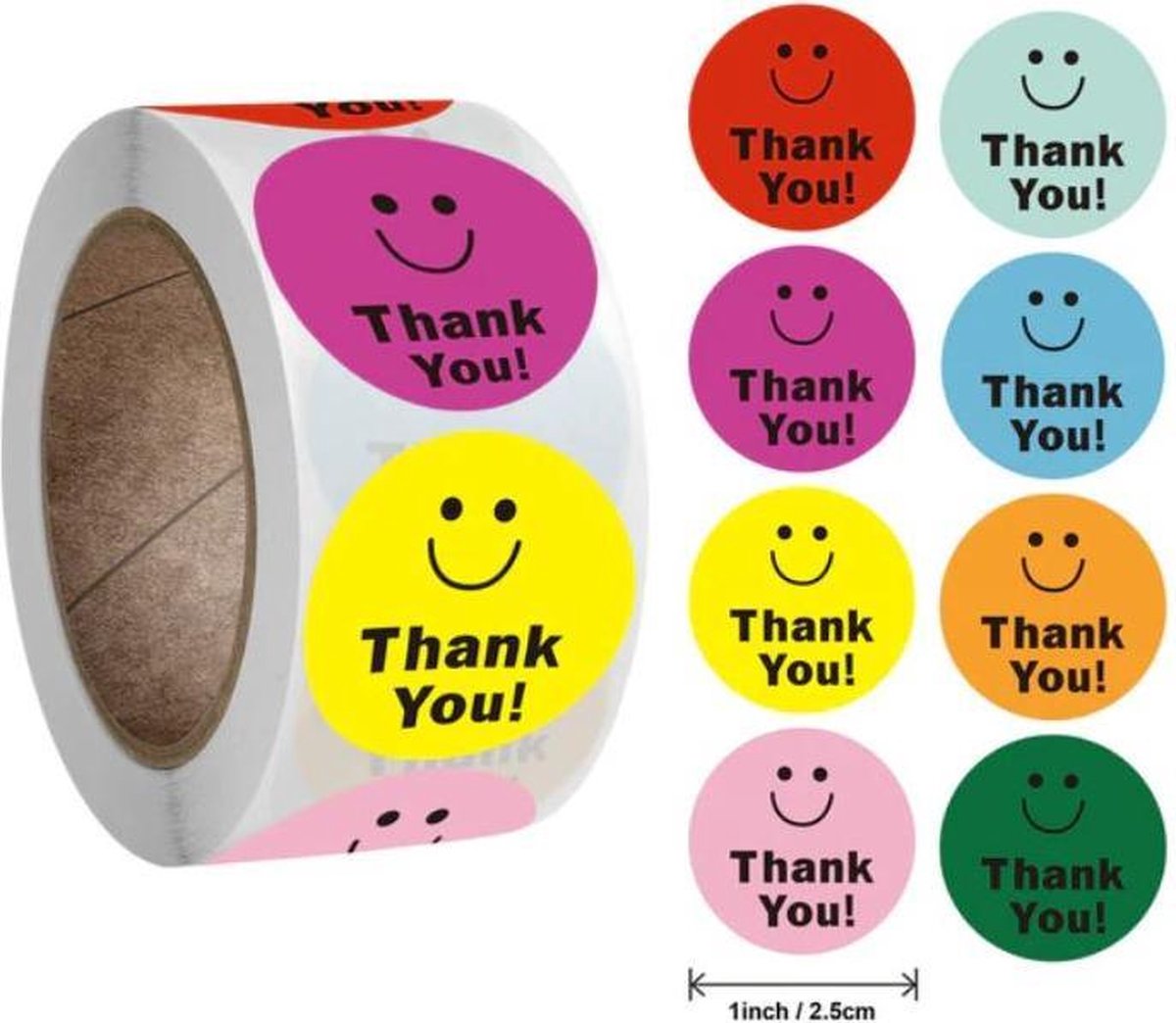 500 stickers op rol Smiley multicolor Thank You 2