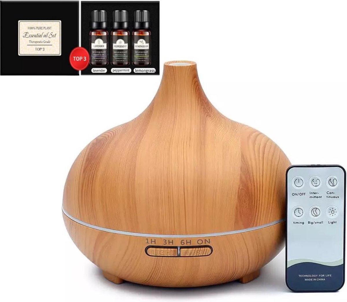 Aroma Diffuser Luchtbevochtiger Humidifier 550ml met Afstandsbediening - Geurverspreider met Luxe 3 Pack 100% puur Etherische Olie Gratis - Houtskleur - Tensfact®