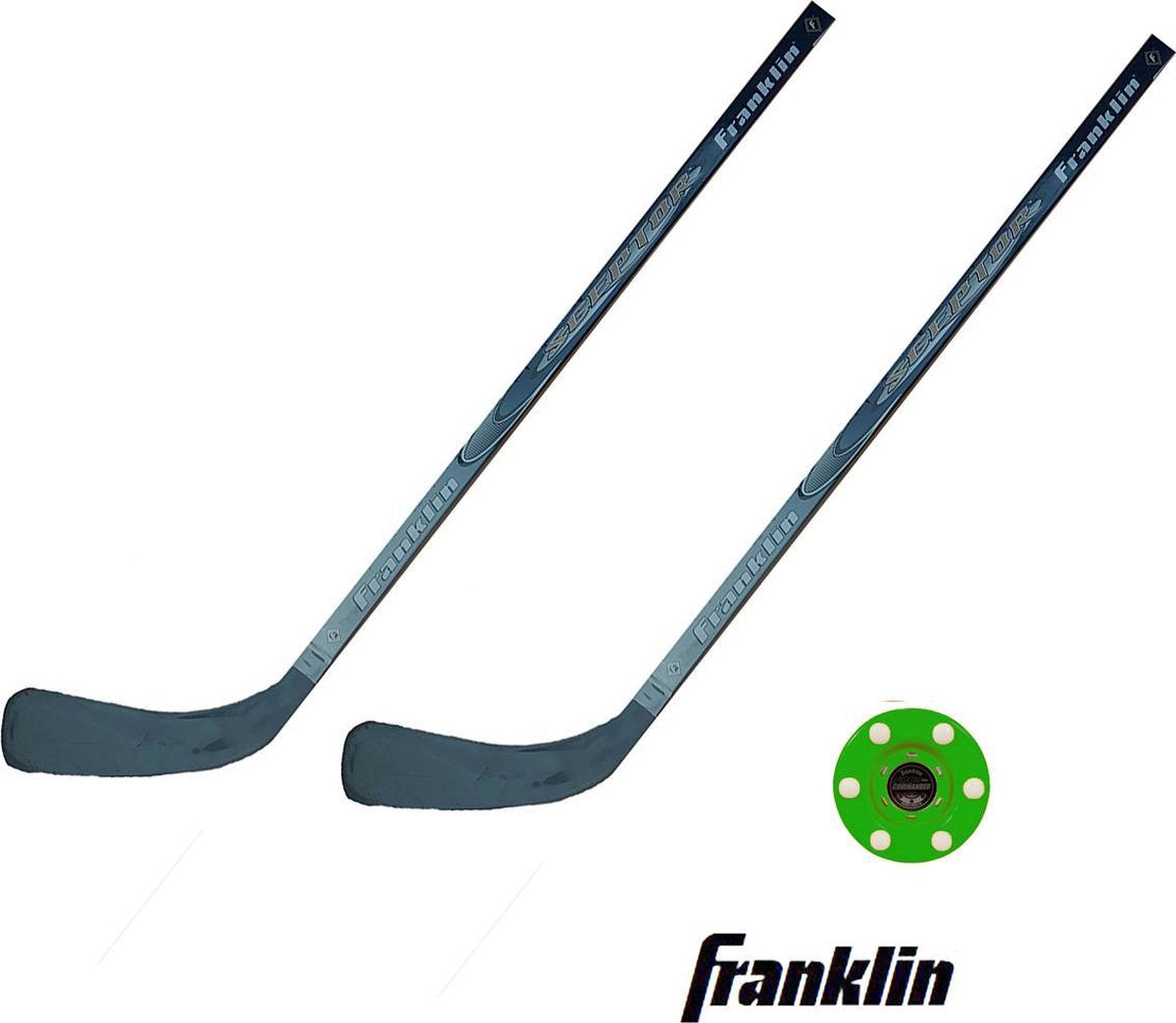 Franklin streethockey set - Sceptor sticks (2stuks) en Pro Commander straathockey Puck - groen - 75mm