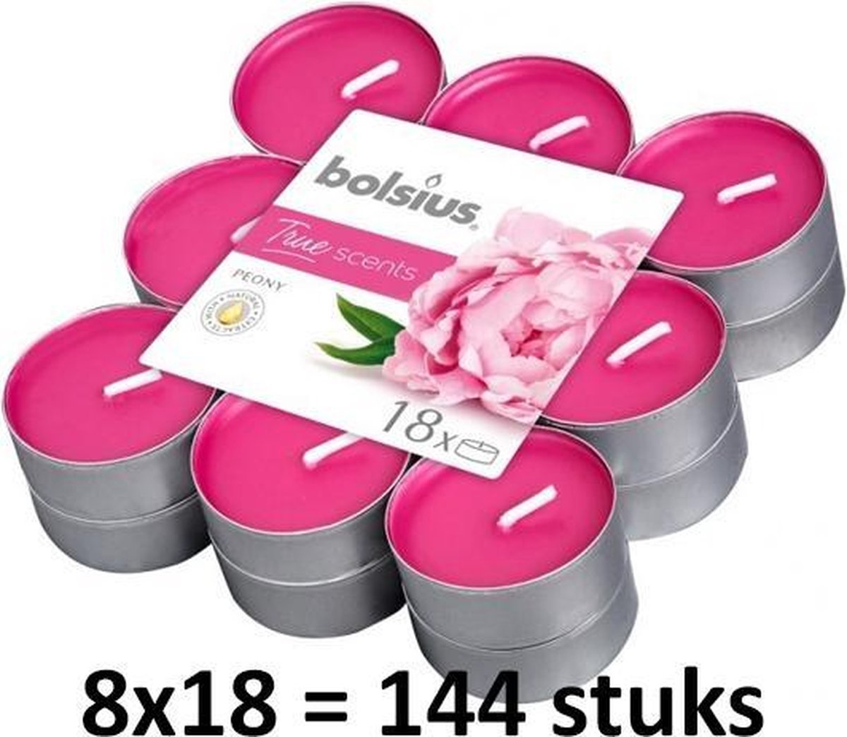 144 stuks Bolsius pioen roos - peony geurtheelichtjes (4 uur) True Scents
