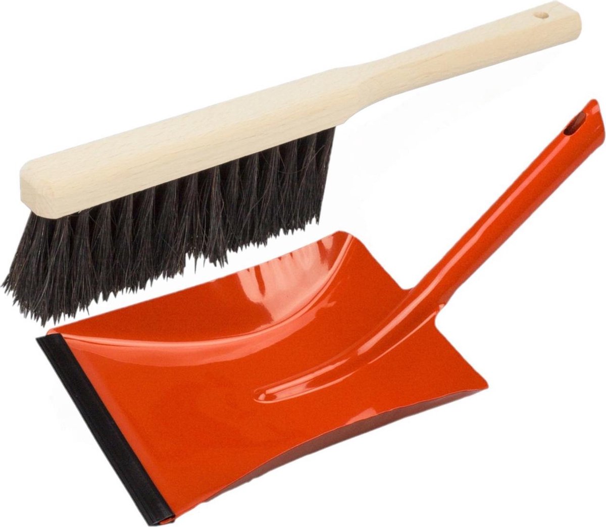 Stoffer en blik rood van metaal/hout met lip voor binnen - Zachte borstel/handveger
