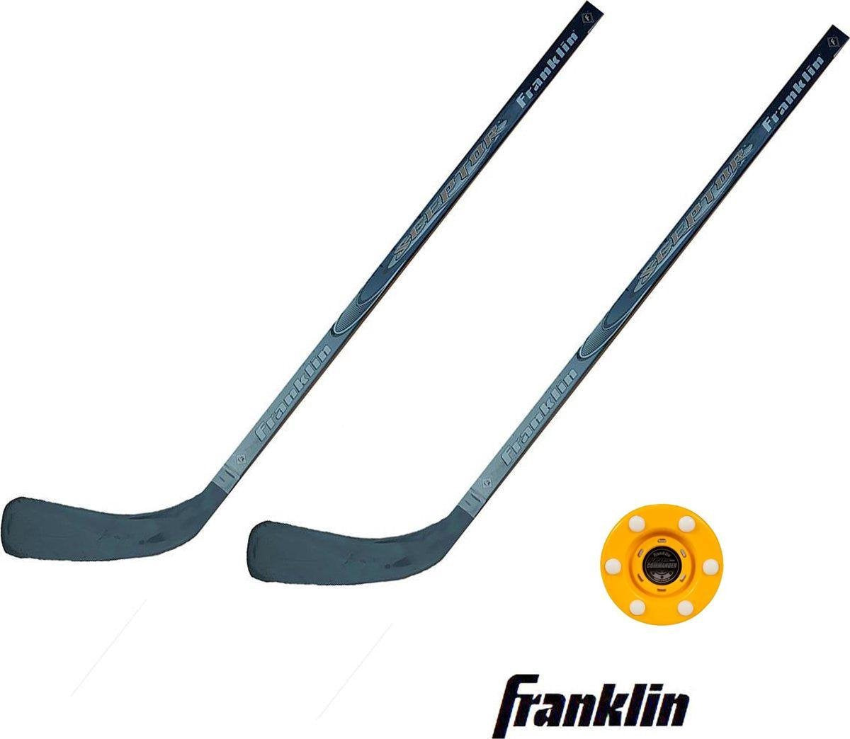 Franklin streethockey set - Sceptor sticks (2stuks) en Pro Commander straathockey Puck - geel - 75mm
