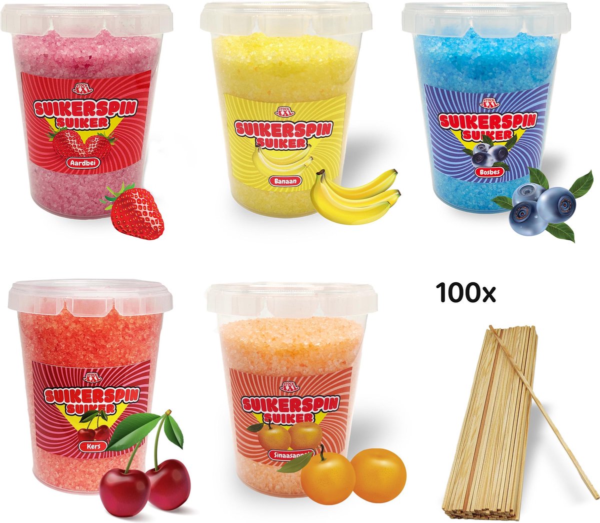 Suikerspin Suiker - Aardbei - Banaan - Bosbes - Kers - Sinaasappel incl. ± 100 suikerspin stokjes -  5 potten x 400 gram