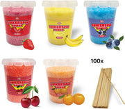 Suikerspin Suiker - Aardbei - Banaan - Bosbes - Kers - Sinaasappel incl. ± 100 suikerspin stokjes -  5 potten x 400 gram