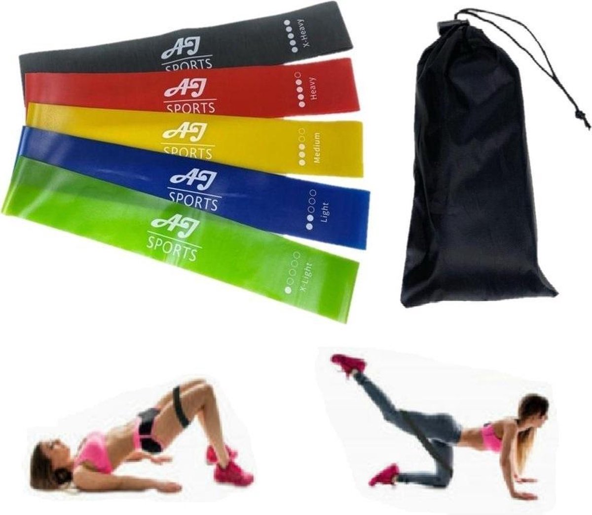 AJ-Sports Latex Weerstandsbanden - Booty bands - Fitness elastiek - Weerstandbanden -  Set van 5 weerstandsbanden - 5 Verschillende weerstanden - Resistance band - Fitness band - Home workout - Inclusief draagtas