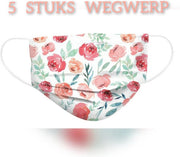 Bloemen wegwerp mondmaskers - Wit / Roze - per 5 stuks