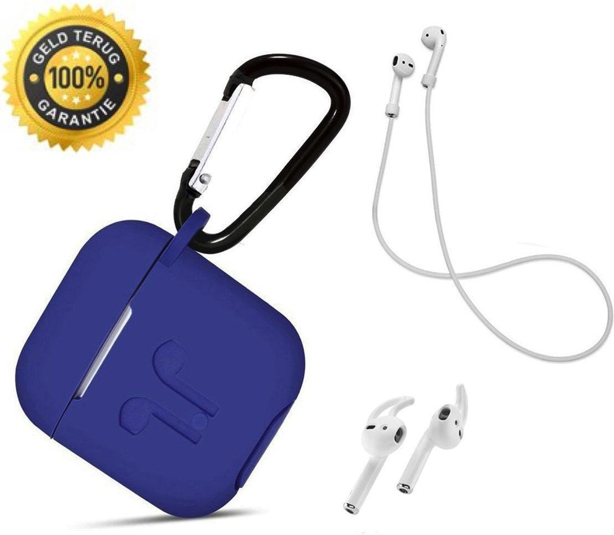3 in 1 set! Hoesje voor Airpods siliconen case cover beschermhoes + strap + earhoox - royal blauw