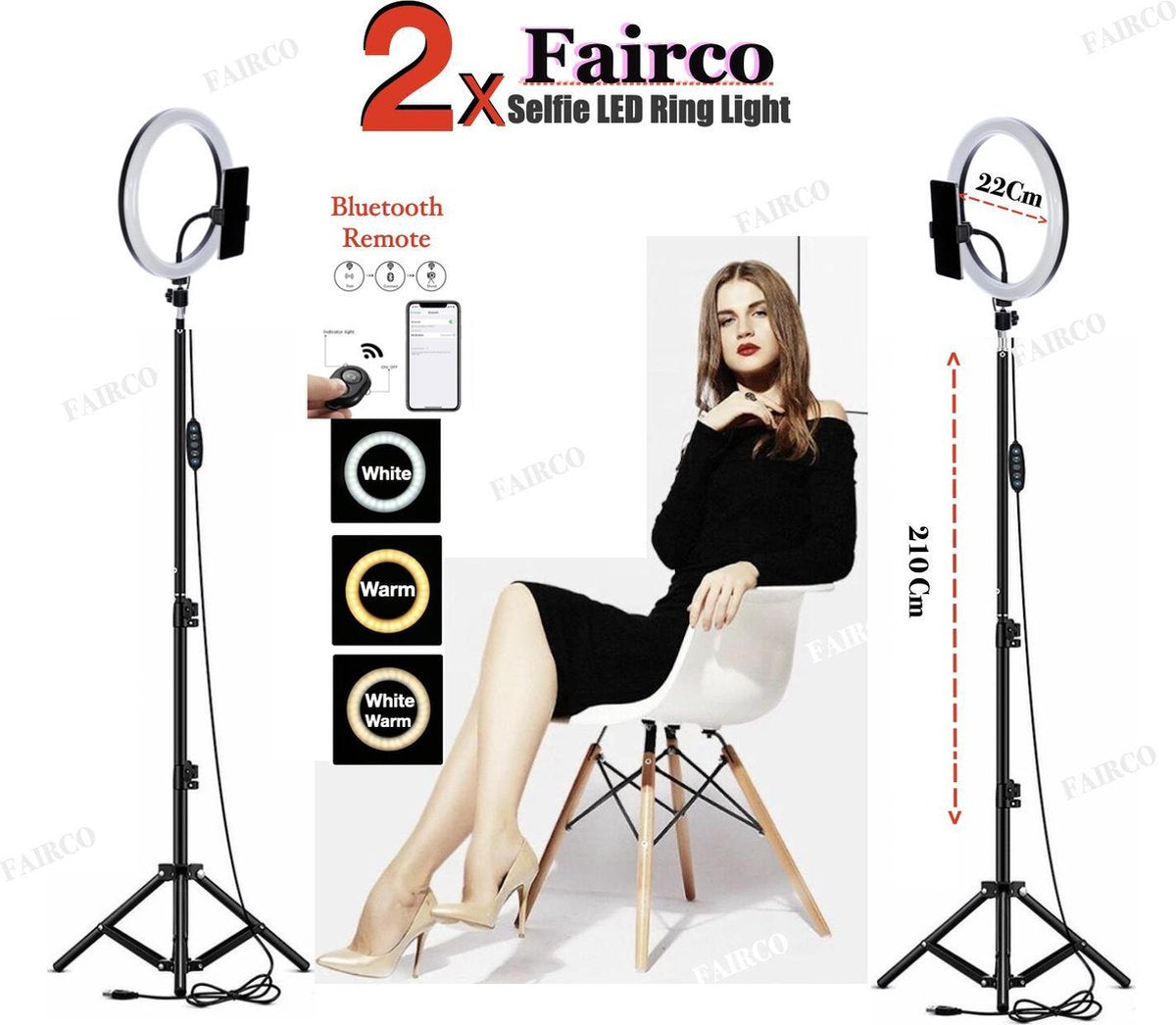2X Selfie LED Ring Lamp 20Cm met Statief 210 CM Inclusief Bluetooth afstandsbediening en Telefoonhouder - Smartphone Tripod - LED Ringlamp - Ring Light - flitser - Make-up light - Studiolamp – Fairco