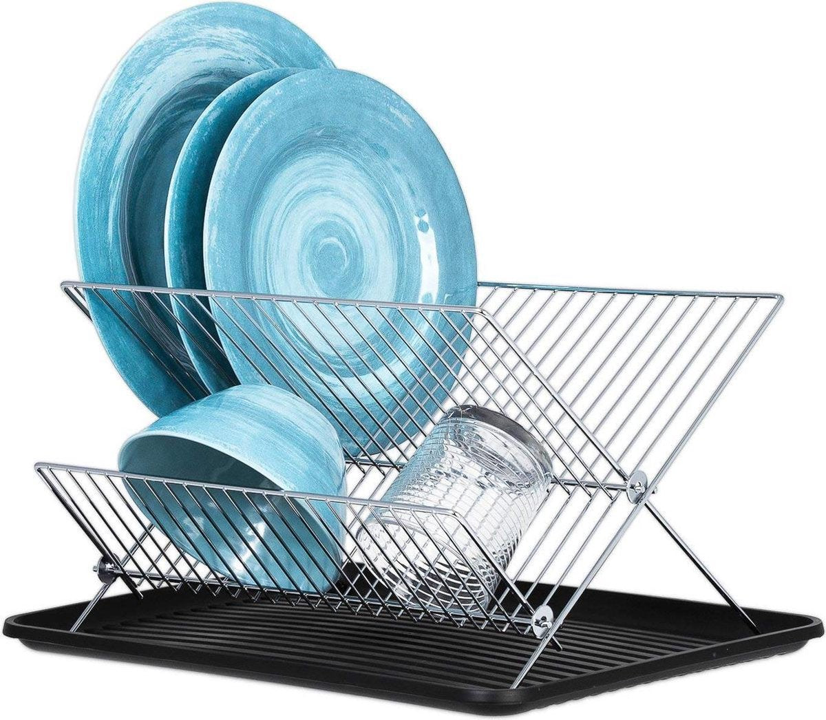 KitchenBrothers Inklapbaar Afdruiprek met Lekbak - RVS Afwasrek - Twee Laags Vaatwasrek - Keukenrek - Metaal - Chrome