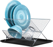 KitchenBrothers Inklapbaar Afdruiprek met Lekbak - RVS Afwasrek - Twee Laags Vaatwasrek - Keukenrek - Metaal - Chrome