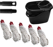 Maus complete dweil set gerecycled -14 liter emmer zwart inclusief steel en 5 spaanse moppen rood