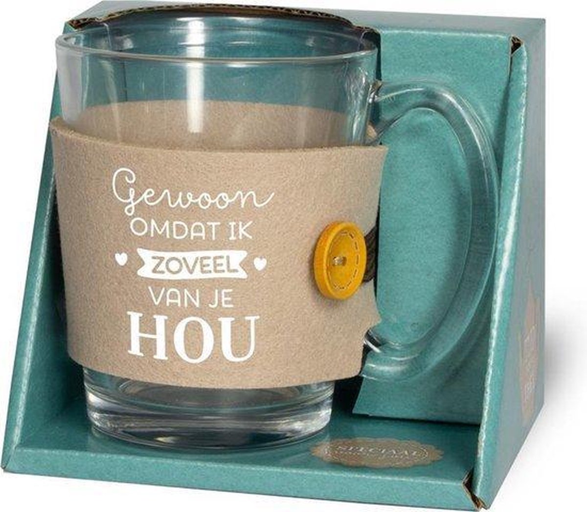 Verjaardag - Theeglas - Gewoon om dat ik zoveel van je hou - Gevuld met verpakte toffees - Voorzien van een zijden lint met de tekst "Speciaal voor jou" In cadeauverpakking met gekleurd lint